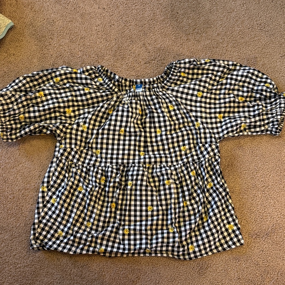 Charming black and White Gingham Top with Yellow Floral Details
